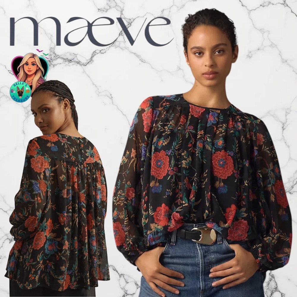 Maeve XS P Long-Sleeve Pleated Peasant Blouse Floral Sheer Black Top Oversized